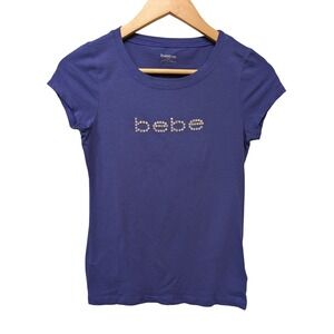 Vintage Y2K Bebe Rhinestone Logo T Shirt Bling Bling Cap Sleeve Blue Size‎ Small